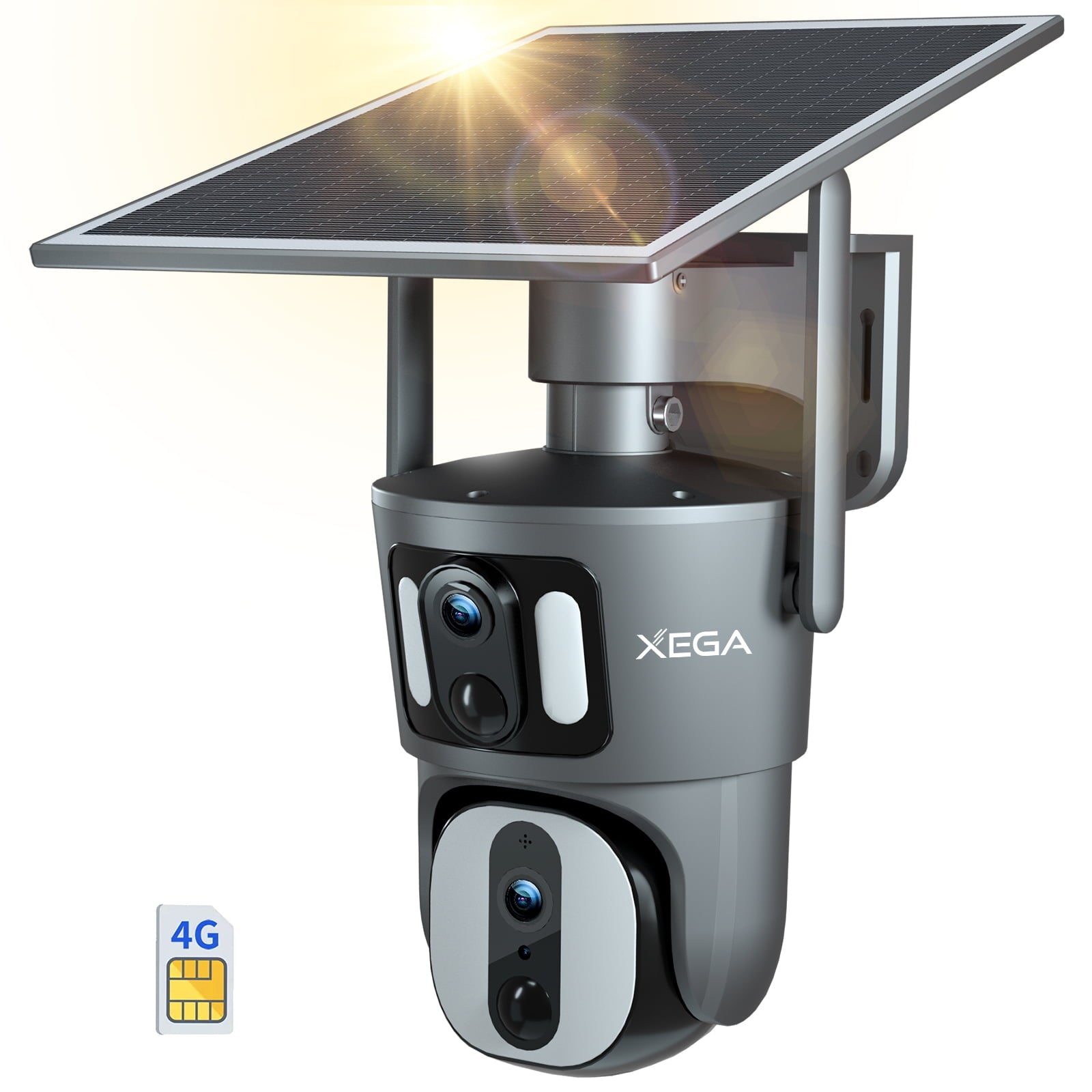 Xega XG-06 Dual Lens Linkage 4G LTE Security Camera No WiFi Solar Powered Cellular Security Camera Wireless Outdoor 1080P 360° View Dual Screen Color Night Vision Two-Way Audio IP66 Waterproof