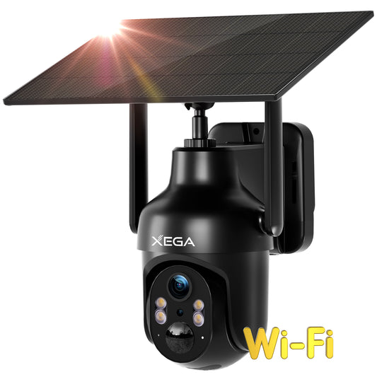 Xega HD PTZ Wireless Outdoor IP Camera Surveillance Rechargeable Battery with Solar Panel, IR Night Vision, 2-Way Audio, PIR Human Detection.