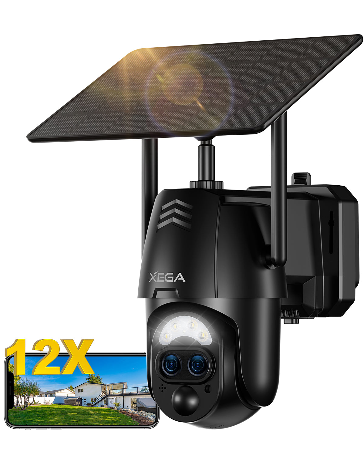 Xega 2K WIFI Outdoor Solar Surveillance Camera with Dual Lens & 12x Hybrid Zoom