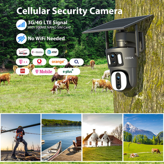 Xega XG-06 Dual Lens Linkage 4G LTE Security Camera No WiFi Solar Powered Cellular Security Camera Wireless Outdoor 1080P 360° View Dual Screen Color Night Vision Two-Way Audio IP66 Waterproof