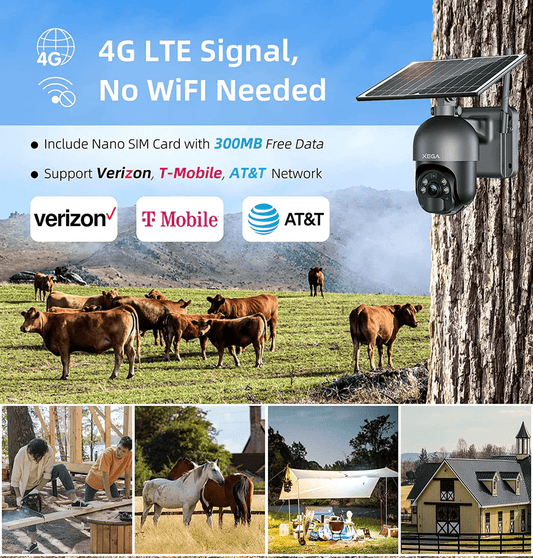 Xega S20-4G LTE Security Camera No WiFi, 2K Super HD Solar Powered Wireless Outdoor 4G Security Camera, PIR Motion Sensor, Night Vision, 2 Way Talk, SIM Card Included