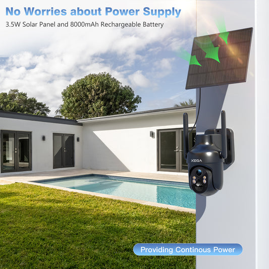 Xega HD PTZ Wireless Outdoor IP Camera Surveillance Rechargeable Battery with Solar Panel, IR Night Vision, 2-Way Audio, PIR Human Detection.