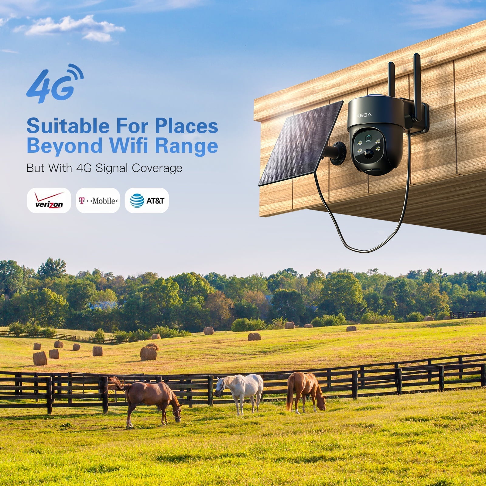 Xega XG-02 4G Cellular Security Cameras Wireless Outdoor Solar Powered No WiFi, 2K/3MP Super HD,PIR Motion Detection,Cloud Storage.IP66.