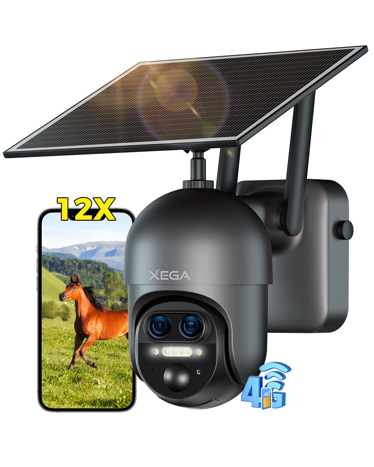 Xega XG-16 4G LTE 12X Hybrid Zoom Outdoor Surveillance Camera,2K PTZ Dual-Lens,10400mAh Battery,PIR/AI Humanoid Detection,30m Colour Night Vision.