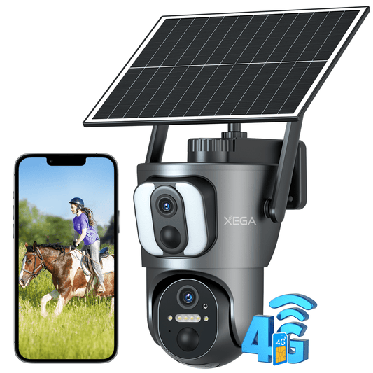 Xega XG-08【Dual Lens】4G LTE Outdoor Camera - 2K HD, 14400mAh Solar, PTZ, Motion Detection/ Spotlight & Siren (Built-in SIM)