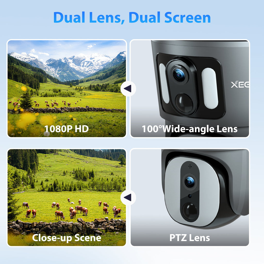 Xega Dual Lens Linkage 4G LTE Security Camera No WiFi Solar Powered Cellular Security Camera Wireless Outdoor 1080P 360° View Dual Screen Color Night Vision Two-Way Audio IP66 Waterproof