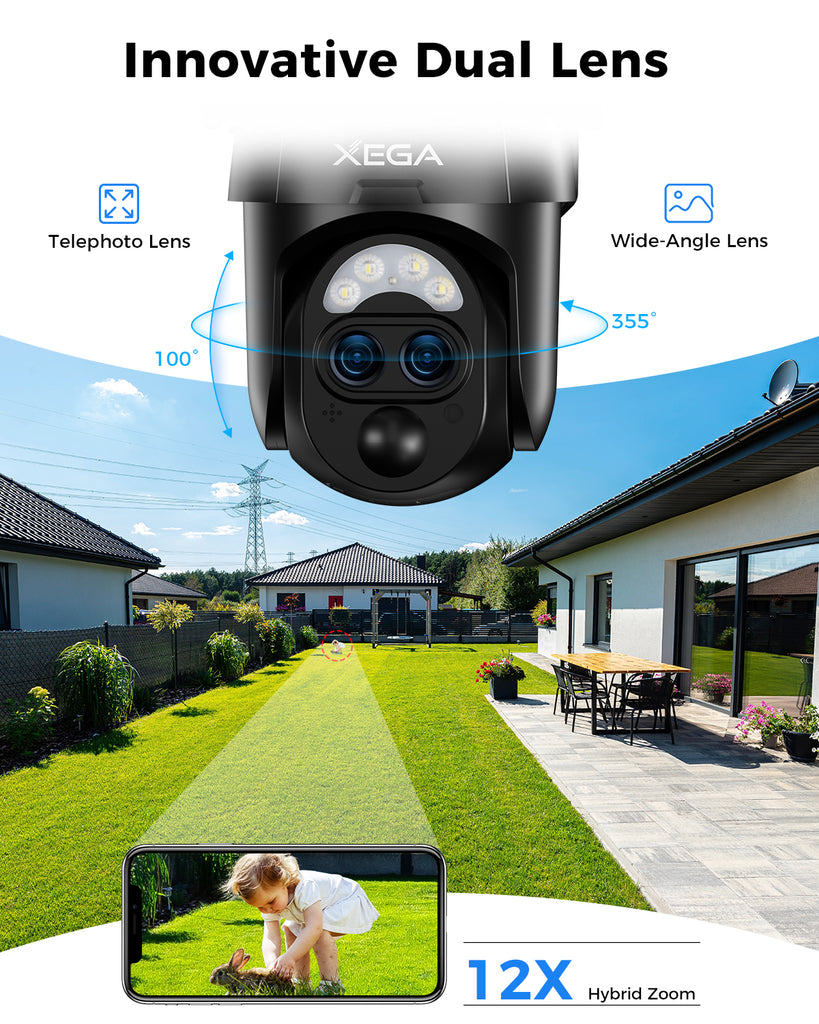 Xega 2K WIFI Outdoor Solar Surveillance Camera with Dual Lens & 12x Hybrid Zoom