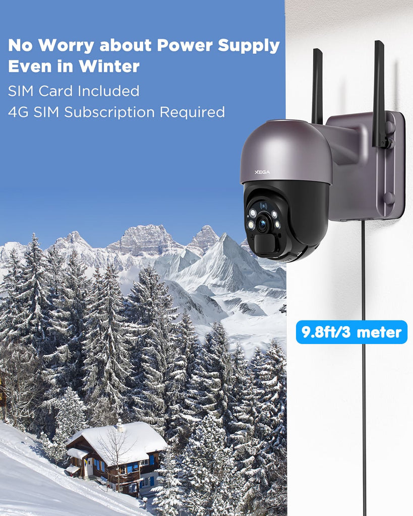 Xega [24/7 Recording] XG-01 4G LTE Security Camera with 20W Solar Panel 20,000mAh Battery SIM Card, 2K HD Color Night Vision CCTV, PIR Motion Detection.