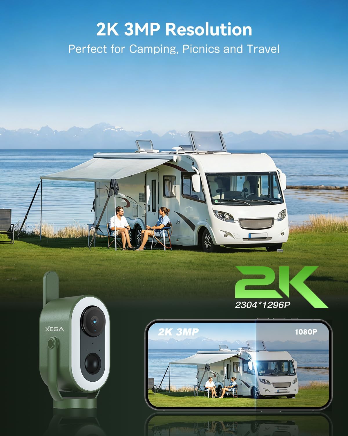 Xega 4G LTE Camping Magnetic Section Camera with SIM Card 2K HD Cellular Portable Wireless Security Camera Outdoor 6000mAh Battery PIR Human Detection for RV/Camping/Travel/Picnic/Temporary Parking
