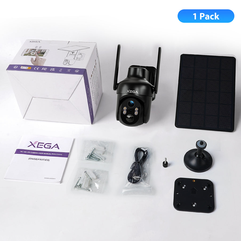 Xega WiFi Solar Security Camera, HD PTZ Wireless Outdoor IP Camera Surveillance Rechargeable Battery with Solar Panel, IR Night Vision, 2-Way Audio, PIR Human Detection, IP66 Waterproof, 2.4GHz