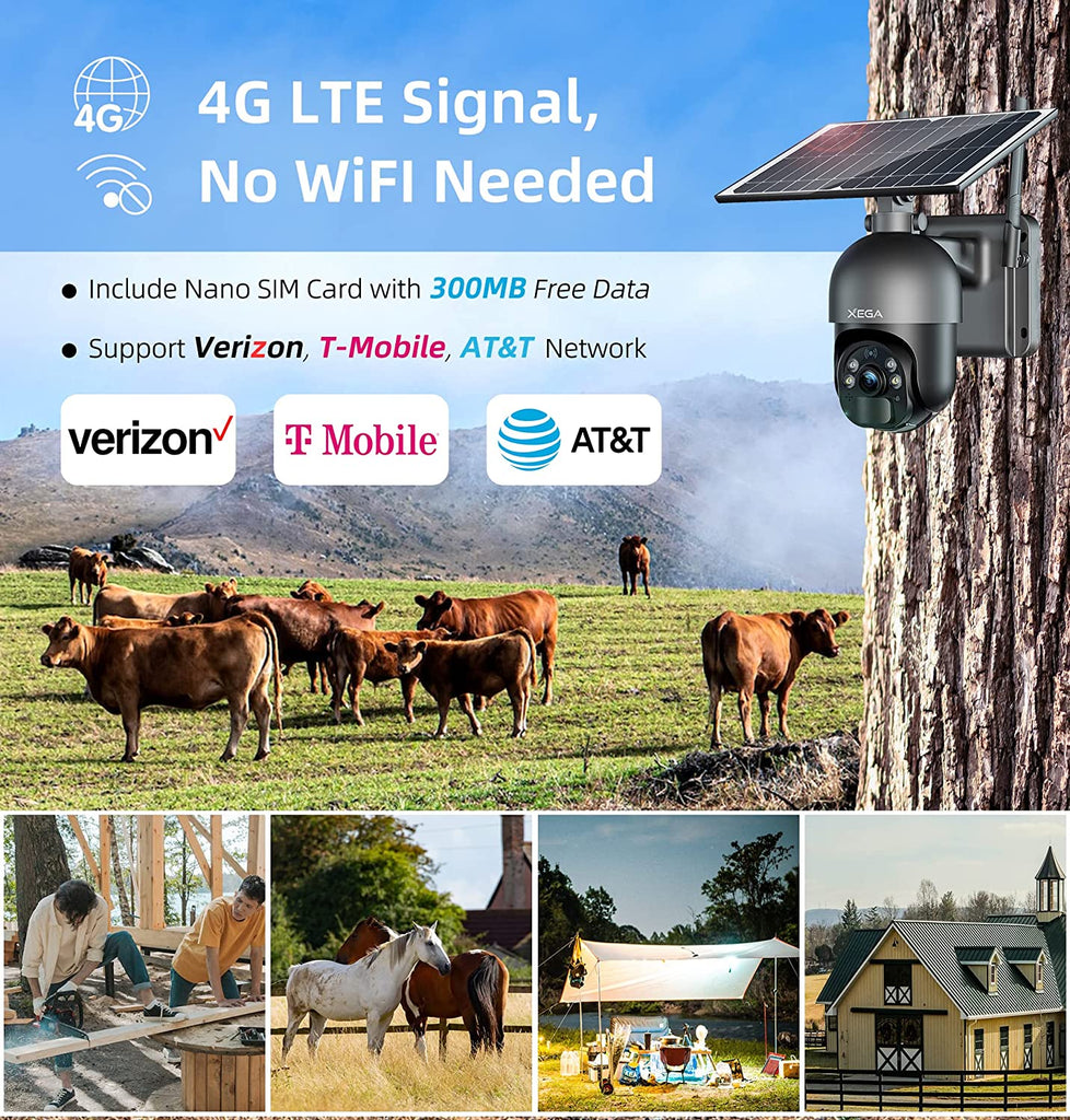 Xega 3G/4G LTE Cellular Security Cameras No WiFi  Outdoor Solar Cameras For Home Security-2K HD Color Night Vision,PIR Motion Detection, 2 Way Talk, IP66.