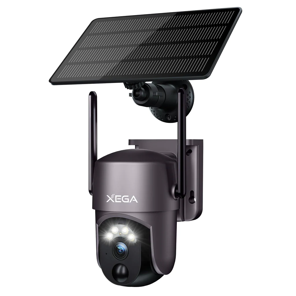 Xega Security Camera Wireless Outdoor 2K 360° PTZ Camera Solar Security Cameras 2.4G WiFi Video Surveillance w/ Spotlight & Siren, Color Night Vision.