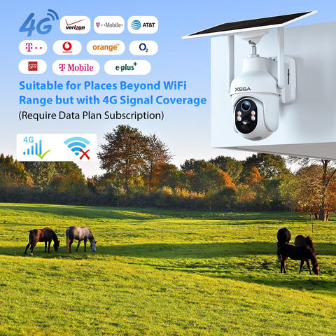 Xega 3G/4G LTE Cellular Security Camera with SIM Card, Solar Powered Wireless Outdoor Camera Works Without WiFi, PTZ Motion Detection Spotlight & Siren Alert SD & Cloud Storage