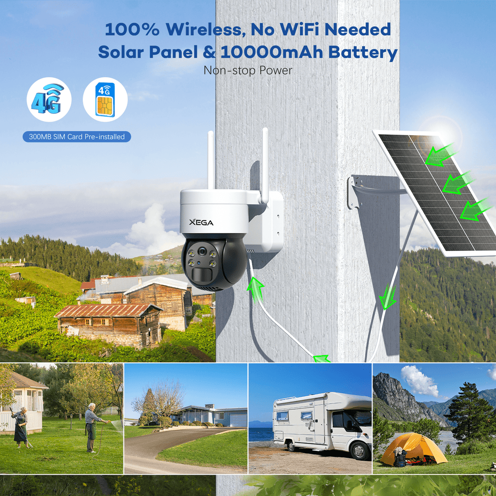 Xega 3G/4G LTE Cellular Security Camera No WiFi Outdoor Solar Camera Wireless, 2K HD Color Night Vision 355°/120°,PIR Motion Detection,IP66.