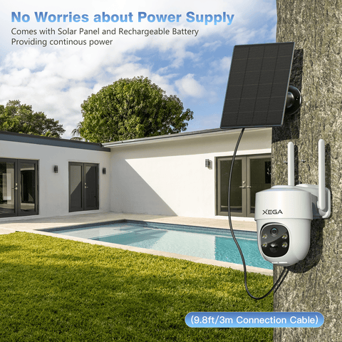 Xega Solar Security Camera Wireless Outdoor, Battery Powered PTZ 2.4Ghz WiFi Security Camera for Home with Spotlight, Motion Detection,Siren, Pan Tilt, Night Vision, 2-Way Talk,SD/Cloud Storage