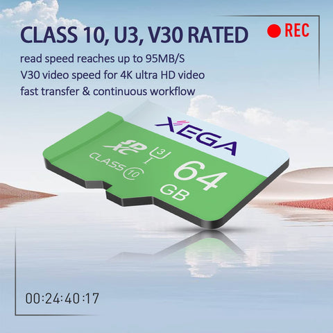 Xega 64GB Memory Card, UHS-I Flash SD Card, High Speed Up to 100MB/s, Class 10, U3, V30, A1, EXFAT TF Card