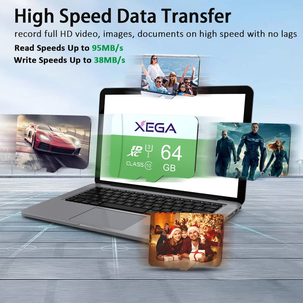 Xega 64GB Memory Card, UHS-I Flash SD Card, High Speed Up to 100MB/s, Class 10, U3, V30, A1, EXFAT TF Card